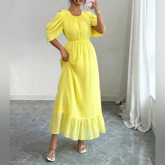 Women's Ruffle Shoulder Sleeve Patchwork Hem Yellow Chiffon Dress, French Refres - Picture 2 of 6